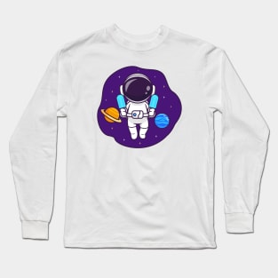 Cute Astronaut Floating In Space With Popsicle Ice Cream Cartoon Long Sleeve T-Shirt